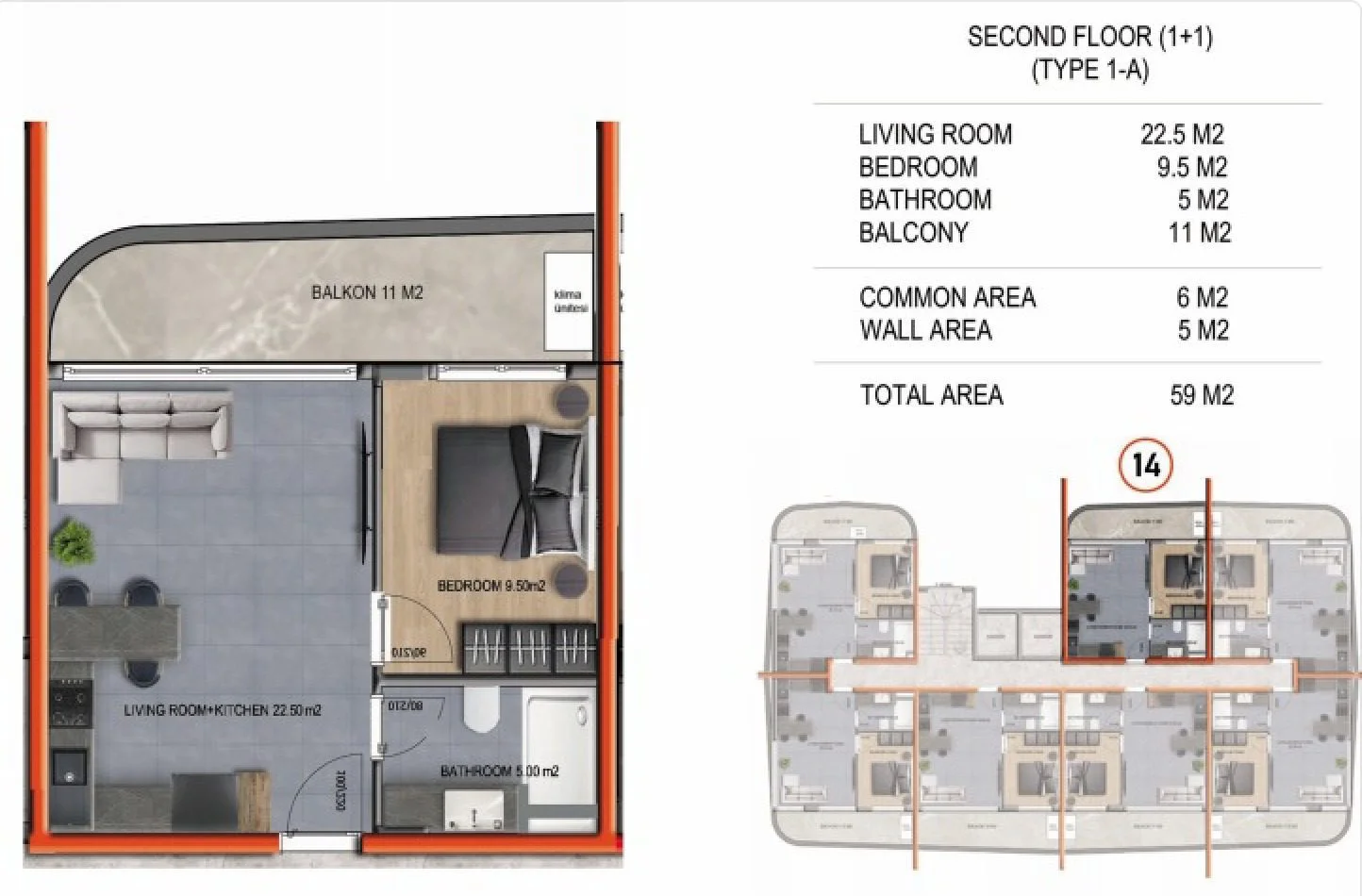 Two-room apartment for sale in Alanya Oba