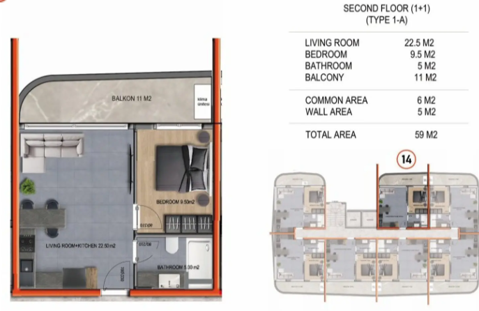 Two-room apartment for sale in Alanya Oba